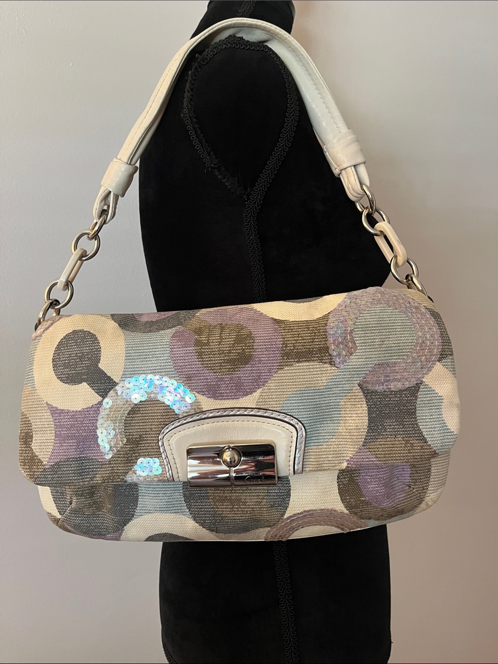 Vintage Y2K Coach Kristin Op Art Bag, cream blue purple pastels, sequins